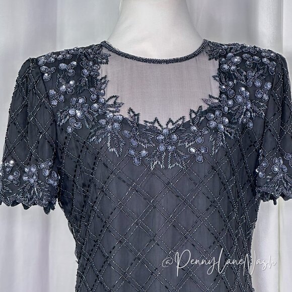 Stenay Vintage 80'S Floral Sequin Beaded Mesh Trim Blouse Black - Picture 5 of 14